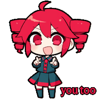 a cartoon girl with red hair and the word you too behind her