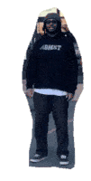 a man wearing a sweatshirt that says absent on it