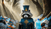 a raccoon wearing a top hat is standing in front of a pile of garbage