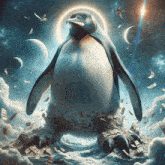 a penguin with a halo around its head is surrounded by a pile of money