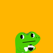 a cartoon of a lizard drinking a cup of coffee with the word gm coming out of its mouth