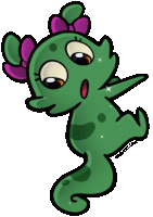a cartoon drawing of a green lizard with a purple bow on its head and the website crewcat.com below it