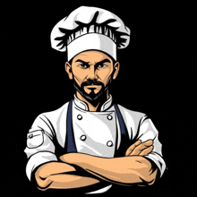 a bearded chef with his arms crossed is wearing a chef 's hat and apron .
