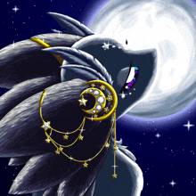 a drawing of a bird with feathers and a crescent moon in the background