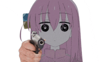 a person is pointing a gun at a cartoon character with pink hair