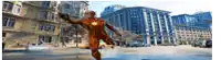 a man in a superhero costume is running down a city street