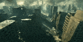 an aerial view of a destroyed city with lots of buildings