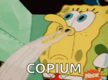 a cartoon of spongebob saying copium with a nickelodeon logo behind him