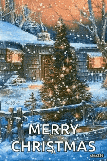 a merry christmas greeting card with a christmas tree in front of a house