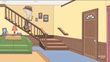 a cartoon of a man standing on a set of stairs in a house