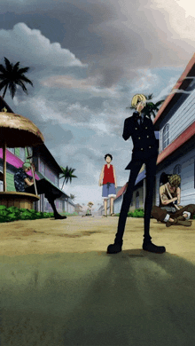 a group of anime characters standing on a street with a man smoking a cigarette