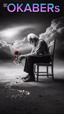 a poster for okabers shows an elderly man sitting in a chair