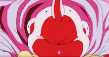 a close up of a red and white cartoon character with a pink background