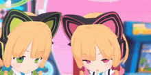 two anime girls wearing cat ears are standing next to each other in a room .