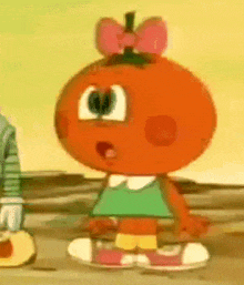 a cartoon character with a pink bow on her head is standing next to a boy .