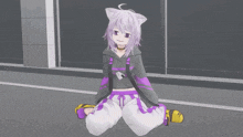 a girl with a cat ear sits on the ground