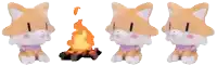 three stuffed animals are sitting next to a fire