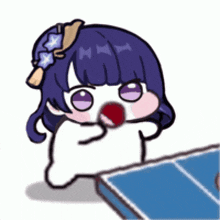 a cartoon of a girl with purple hair playing ping pong with a red ball .