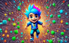 a cartoon character with blue hair and pink hair is surrounded by green cubes .