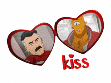 two hearts with cartoon characters and the word kiss in red