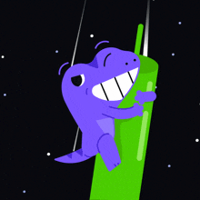 a purple dinosaur is holding a green object with a green straw