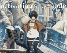 a cartoon character is standing in front of a building with the words activating silly mode written on the bottom