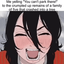 a cartoon of a girl with black hair and red cheeks is yelling .