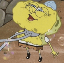 a cartoon character named spongebob is holding a pair of scissors around his neck