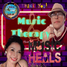 a man and a woman are in front of a sign that says thank you music therapy music heals