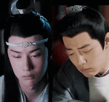 a close up of a man 's face and a close up of a man 's face with his eyes closed .