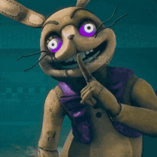 a rabbit with purple eyes is holding a knife in its mouth