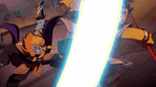 a cartoon of a monkey and a man with a sword fighting each other