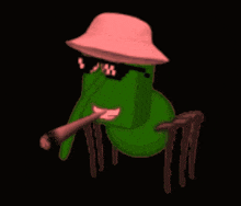 a green cartoon character wearing a hat and sunglasses