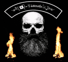 a skull with a beard is surrounded by flames and the words k-tastrofe on the bottom