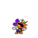 a pixel art of a cartoon character with a purple bow and red gloves on a white background .