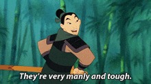 a cartoon character says they 're very manly and tough while holding a sword