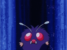 a purple cartoon character with red eyes and white antennae