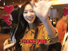 a cartoon of a woman waving with the words thank you in the foreground