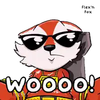 a cartoon fox wearing sunglasses and a necklace with the word wooo on it