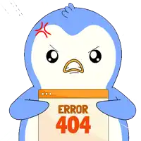 a penguin is holding up a sign that says error 404