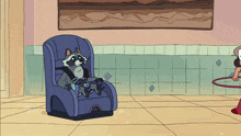 a cartoon of a raccoon sitting in a blue chair