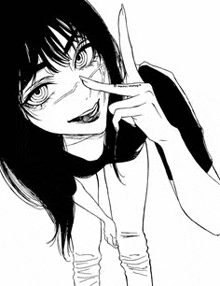 a black and white drawing of a girl making a funny face with her finger .