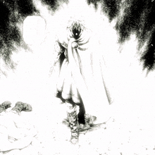 a black and white drawing of a person holding a microphone