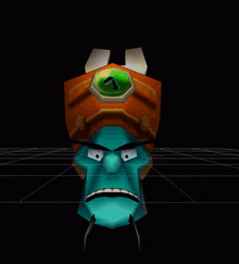 a 3d model of a cartoon character wearing a helmet with horns