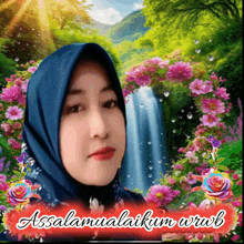 a woman in a blue hijab is surrounded by pink flowers and a waterfall