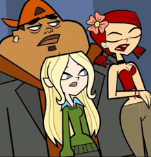 three cartoon characters are standing next to each other
