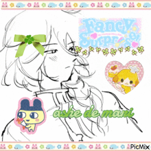 a black and white drawing of a girl with fancy sweets written on the bottom