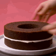 a chocolate cake with a hole in the middle on a white plate