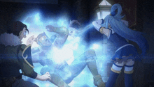 a man and a woman are fighting each other with a blue light coming out of them