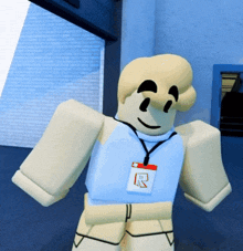 a cartoon character with a name tag that says r